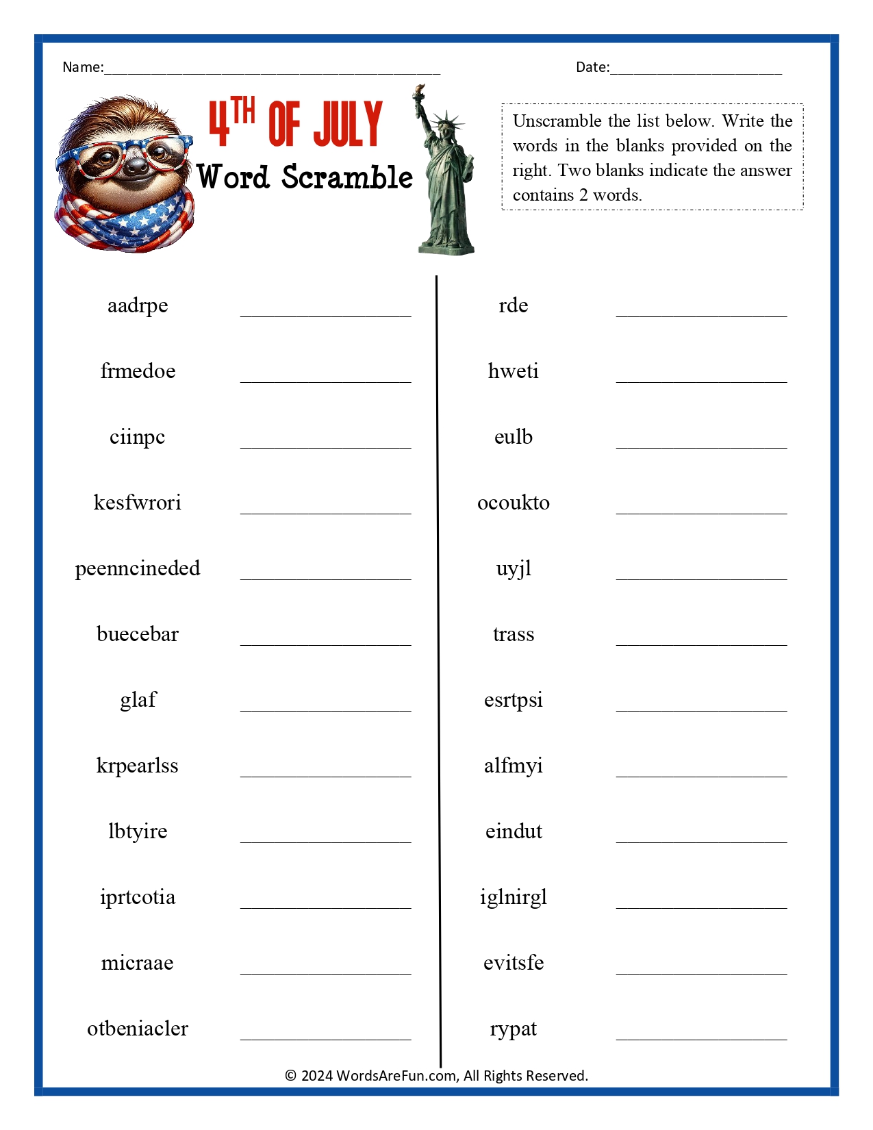 4th of July Word Scramble