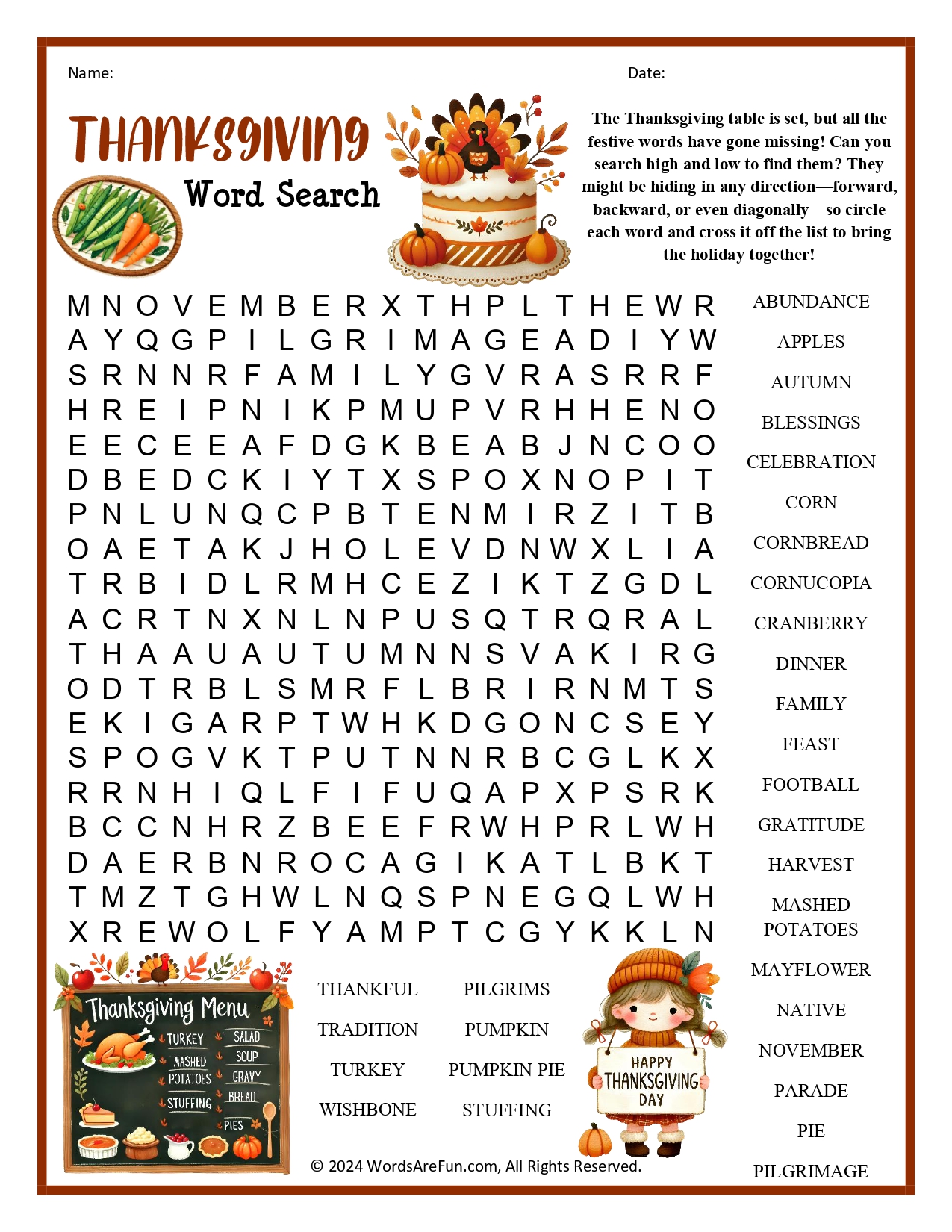 Thanksgiving Word Search