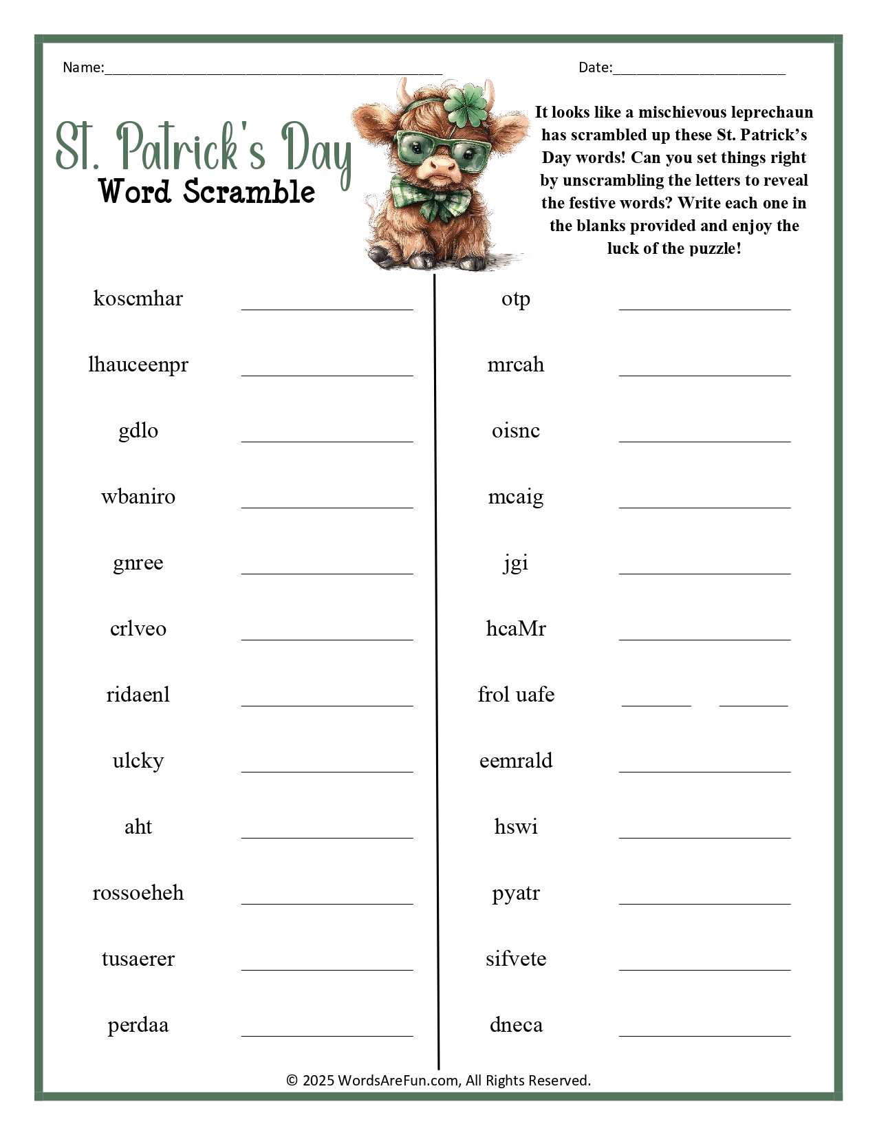 St. Patrick's Day Word Scramble