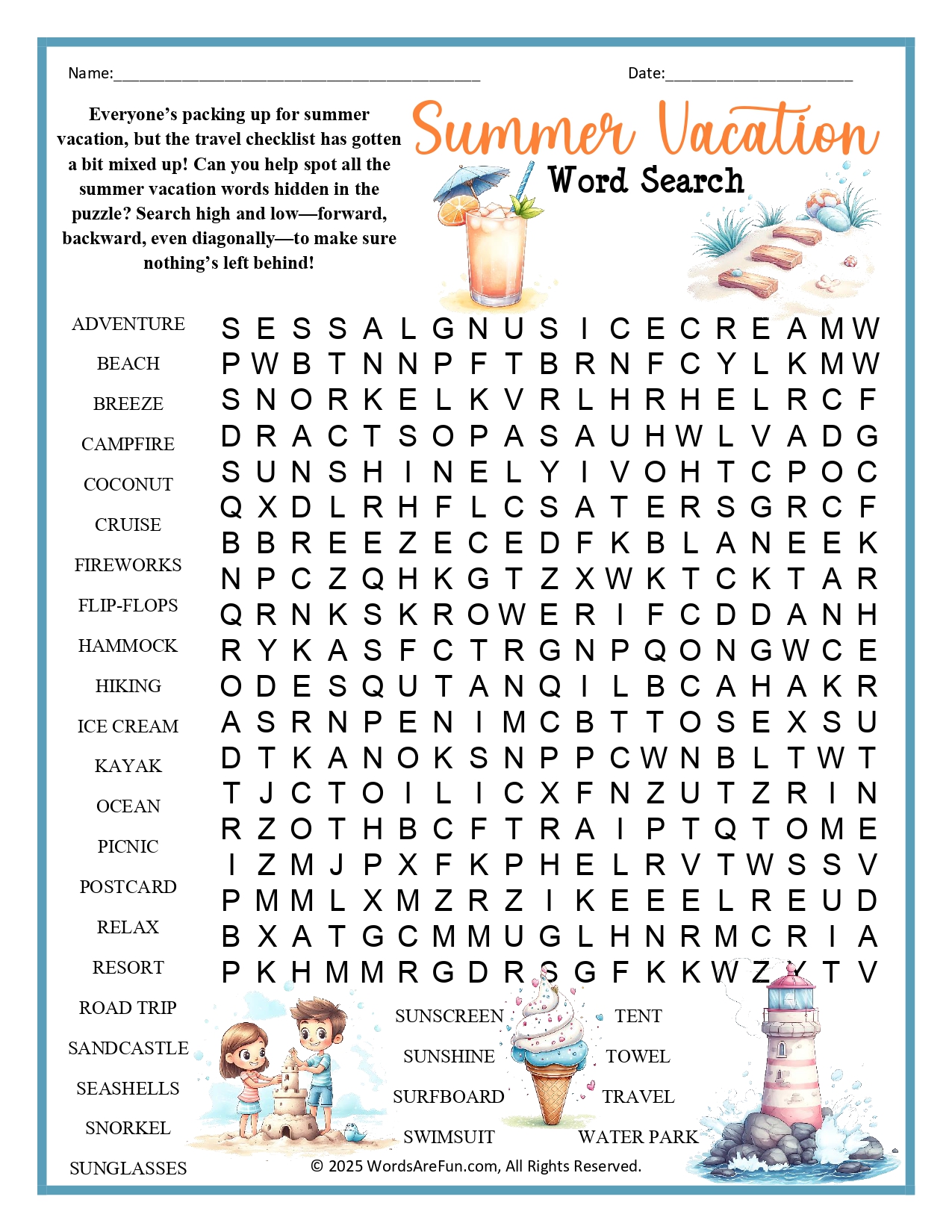 Summer Vacation Word Search