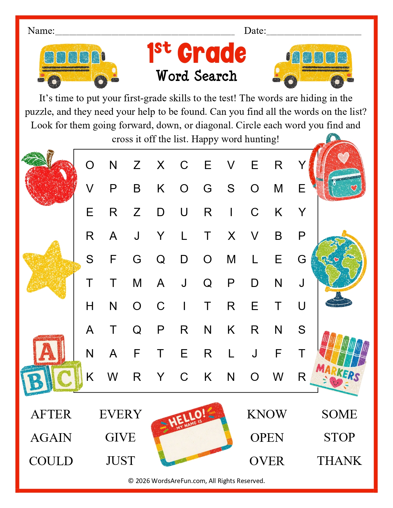 1st Grade Word Search