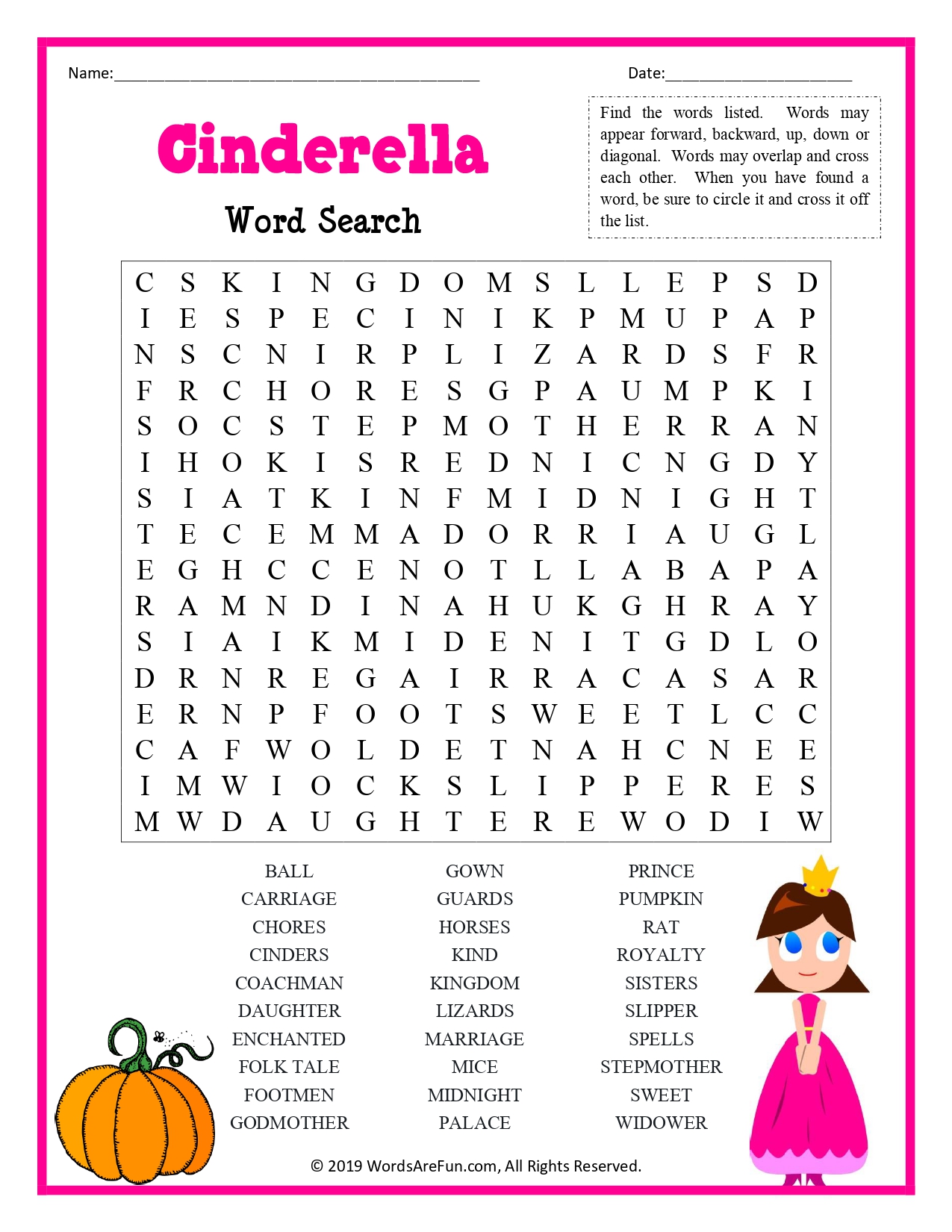 Cinderella Word Search For Kids