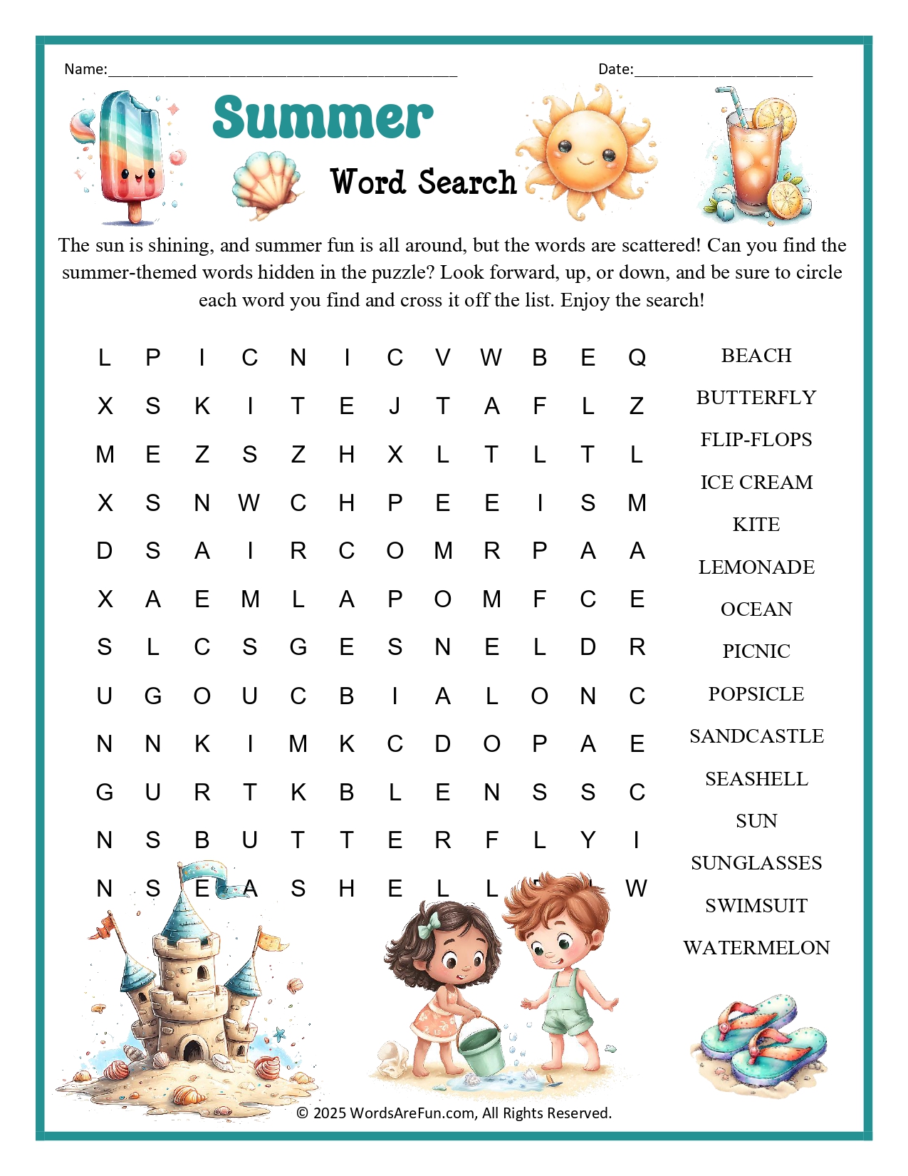Easy Summer Word Search