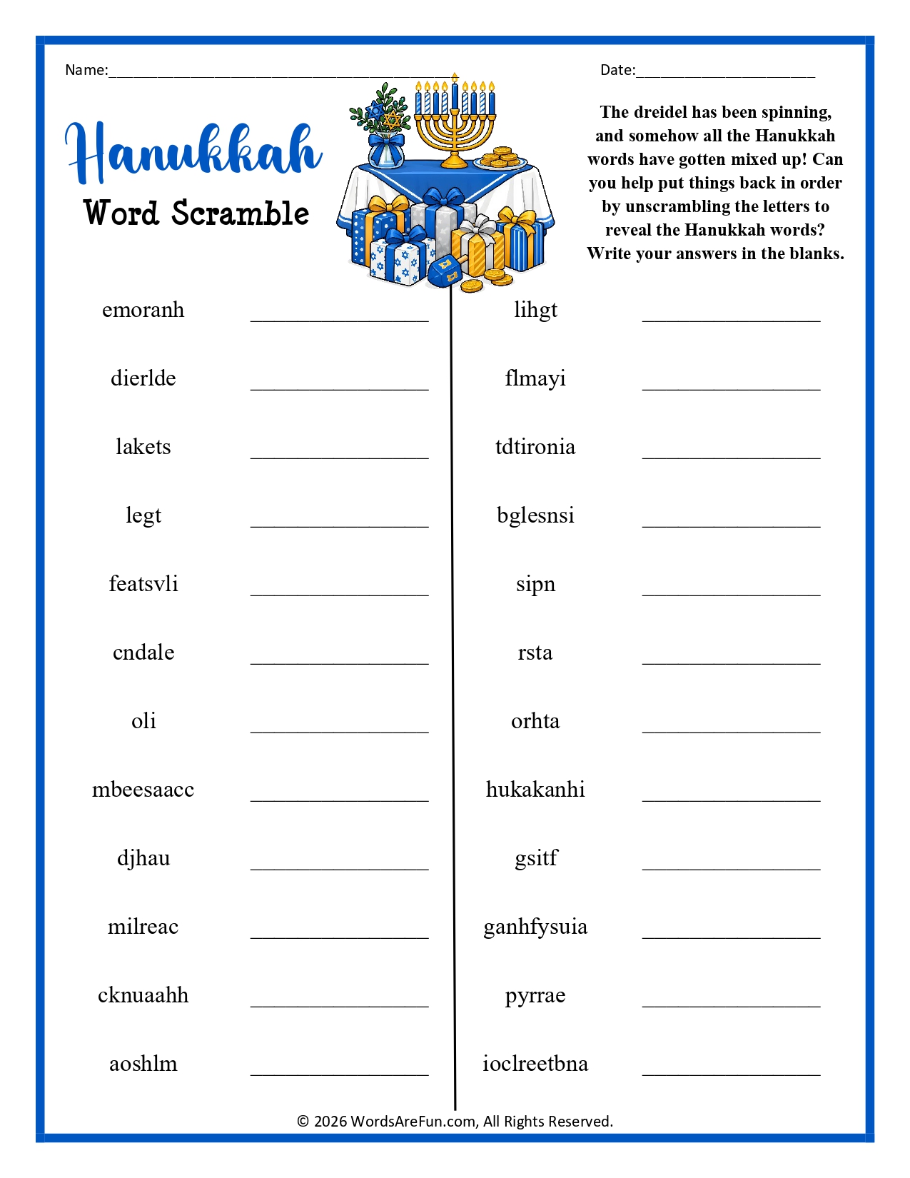 Hanukkah Word Scramble