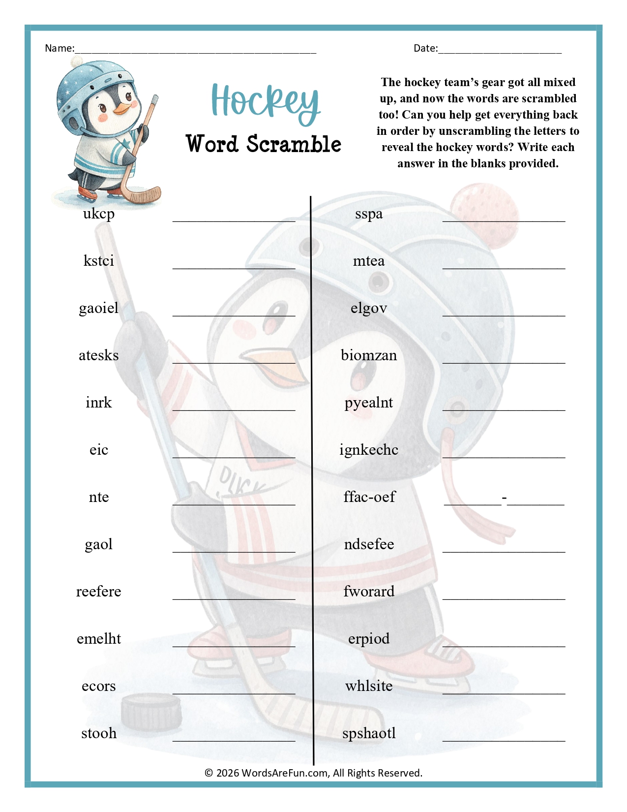 Hockey Word Scramble