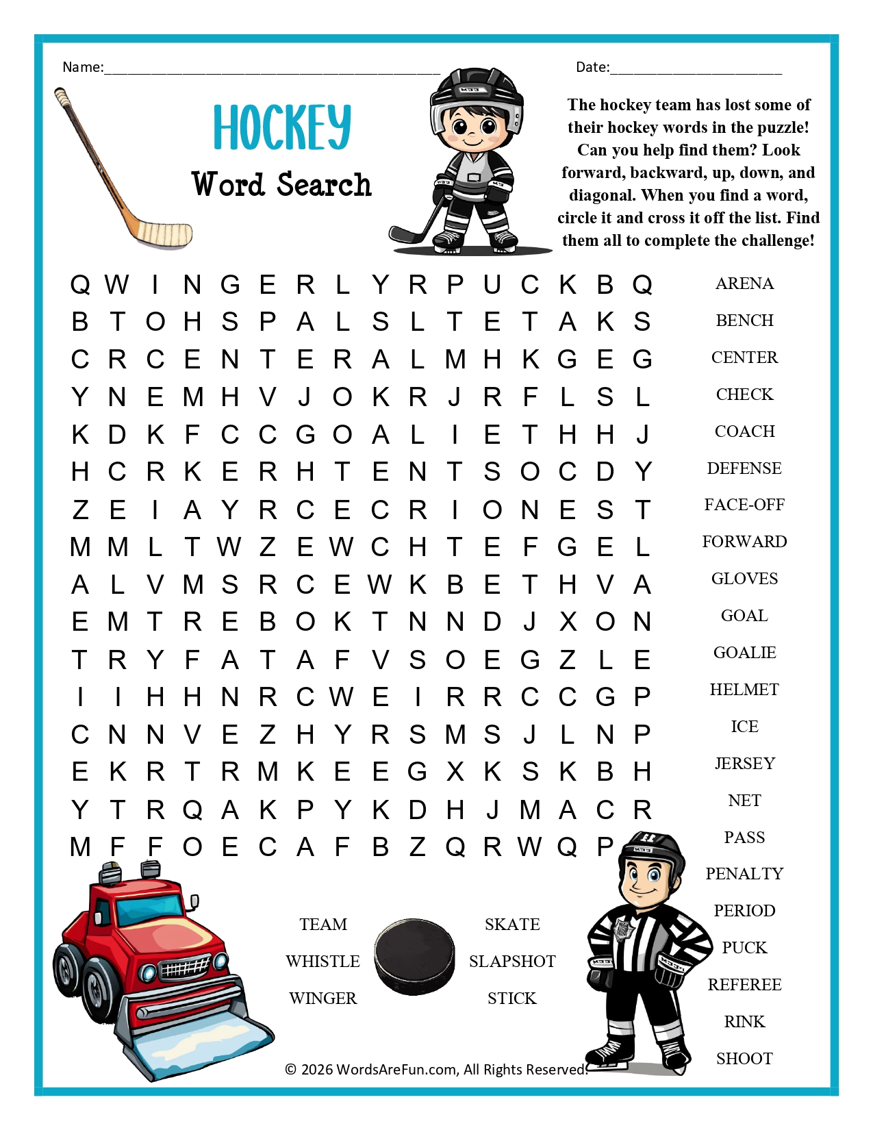 Hockey Word Search