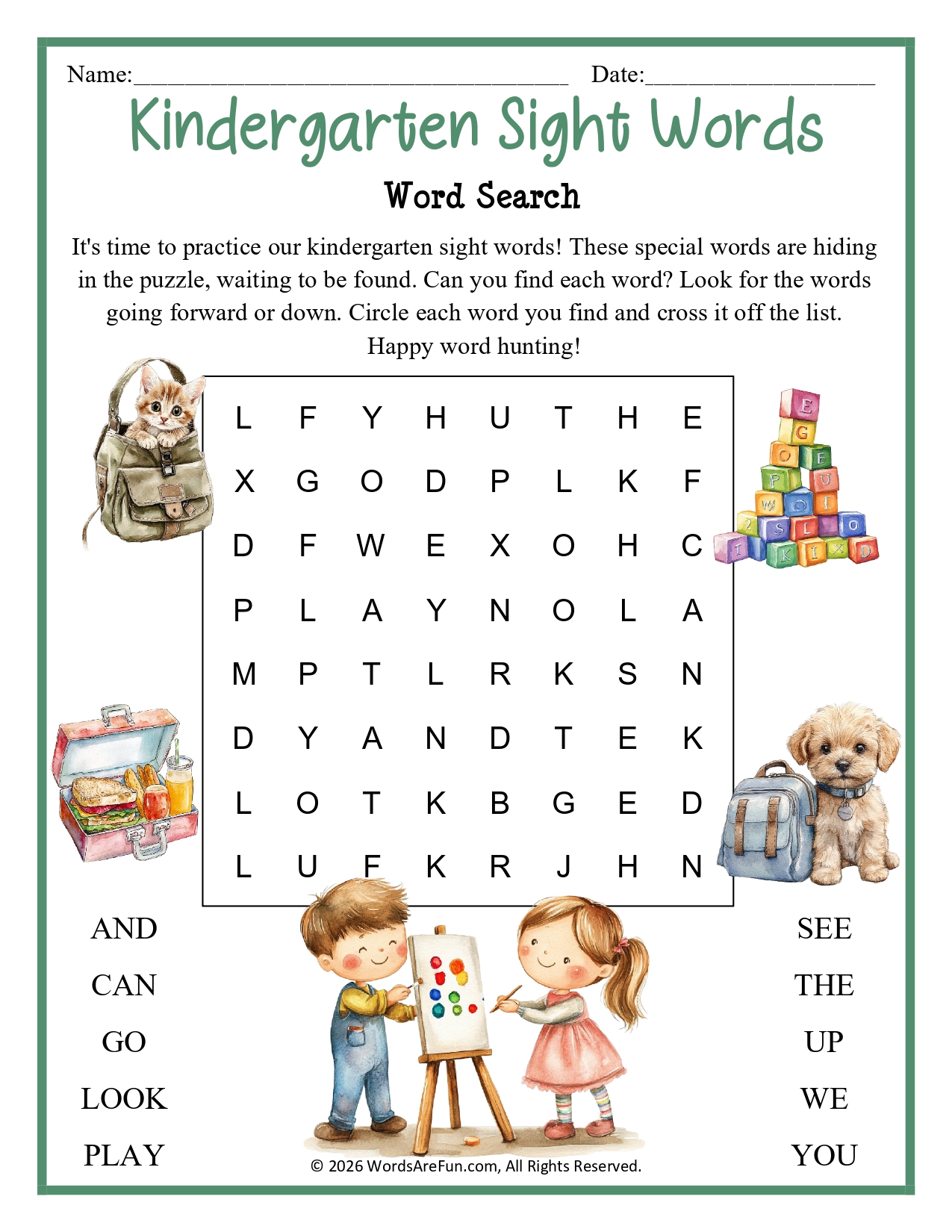 Kindergarten Sight Words Word Search