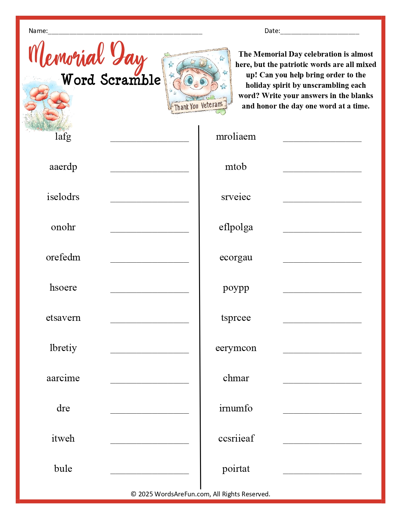 Memorial Day Word Scramble