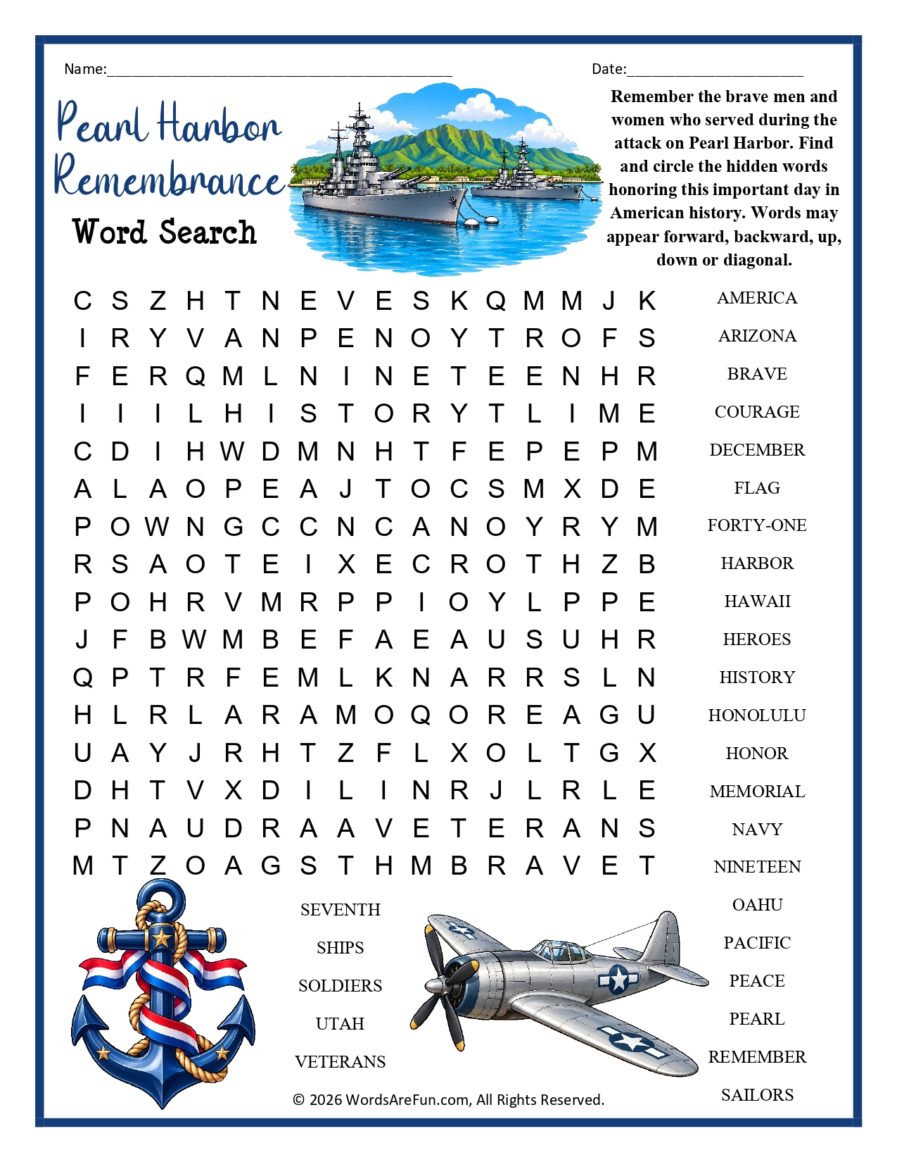 Pearl Harbor Remembrance Word Search
