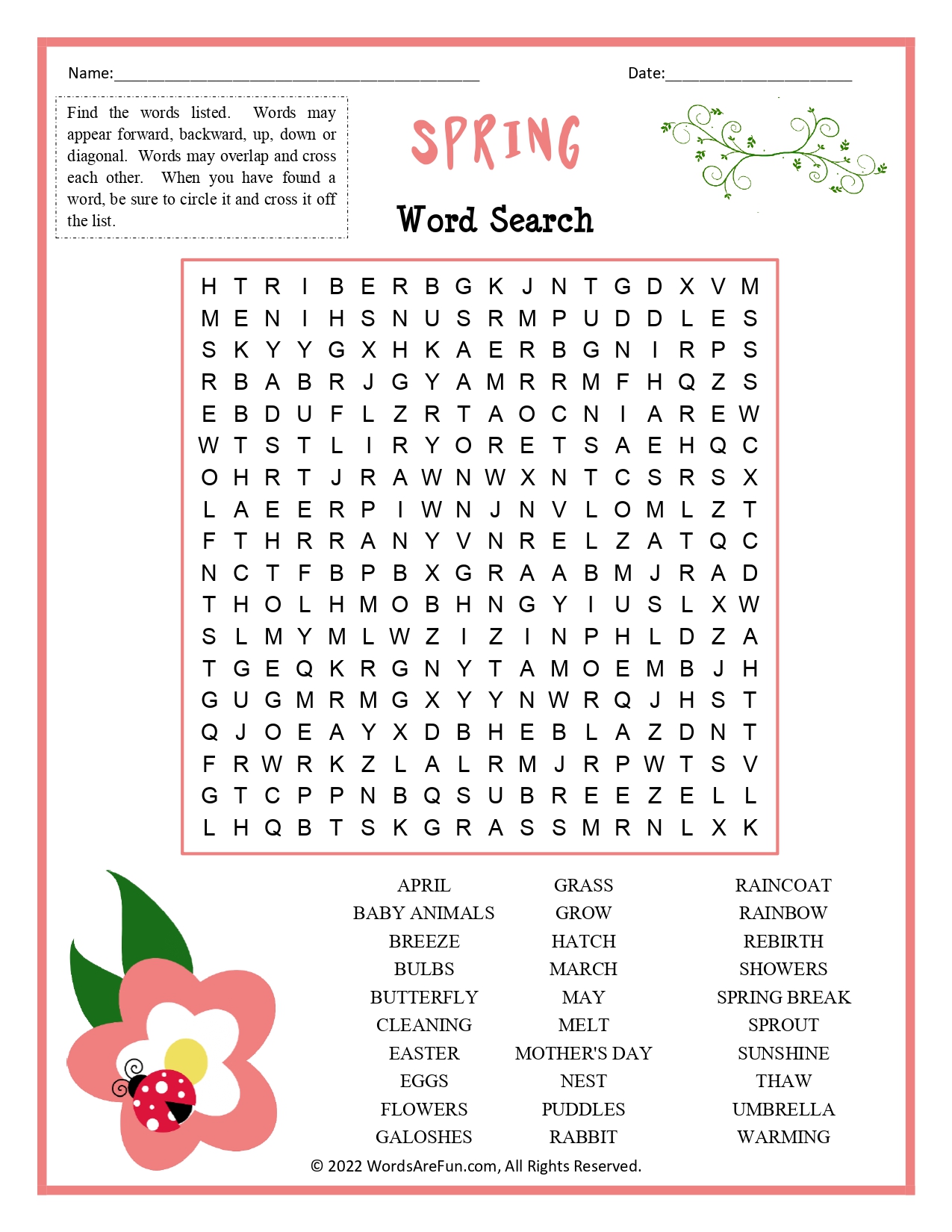 Spring Word Search for Kids