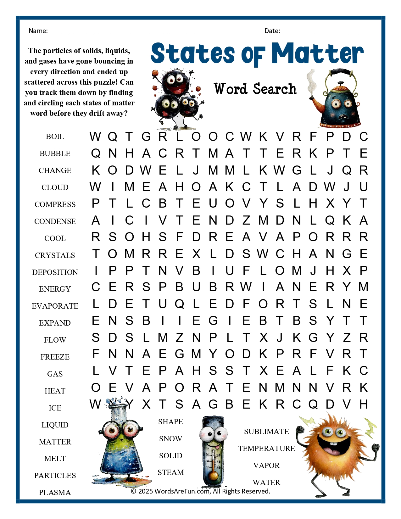 States of Matter of Word Search