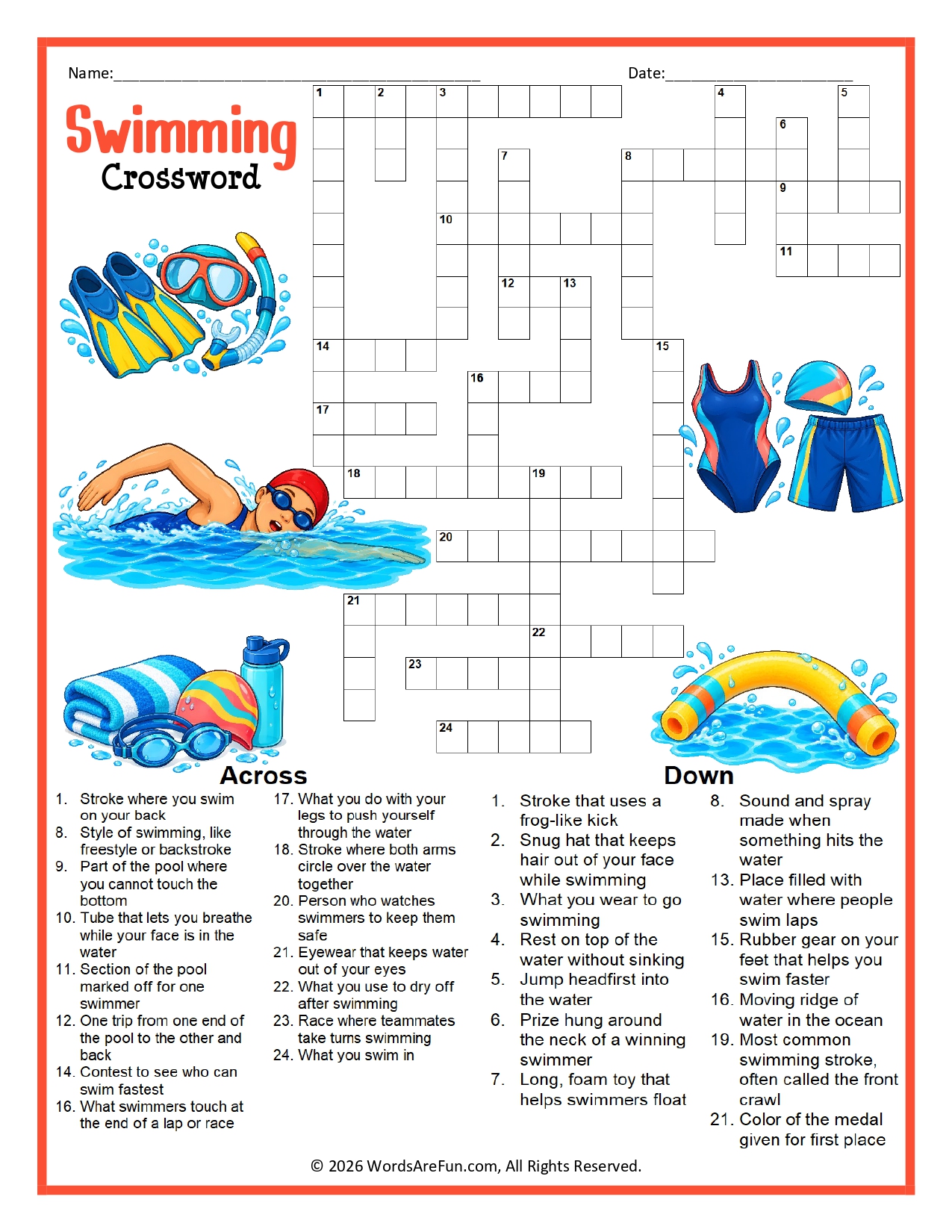 Swimming Crossword Puzzle