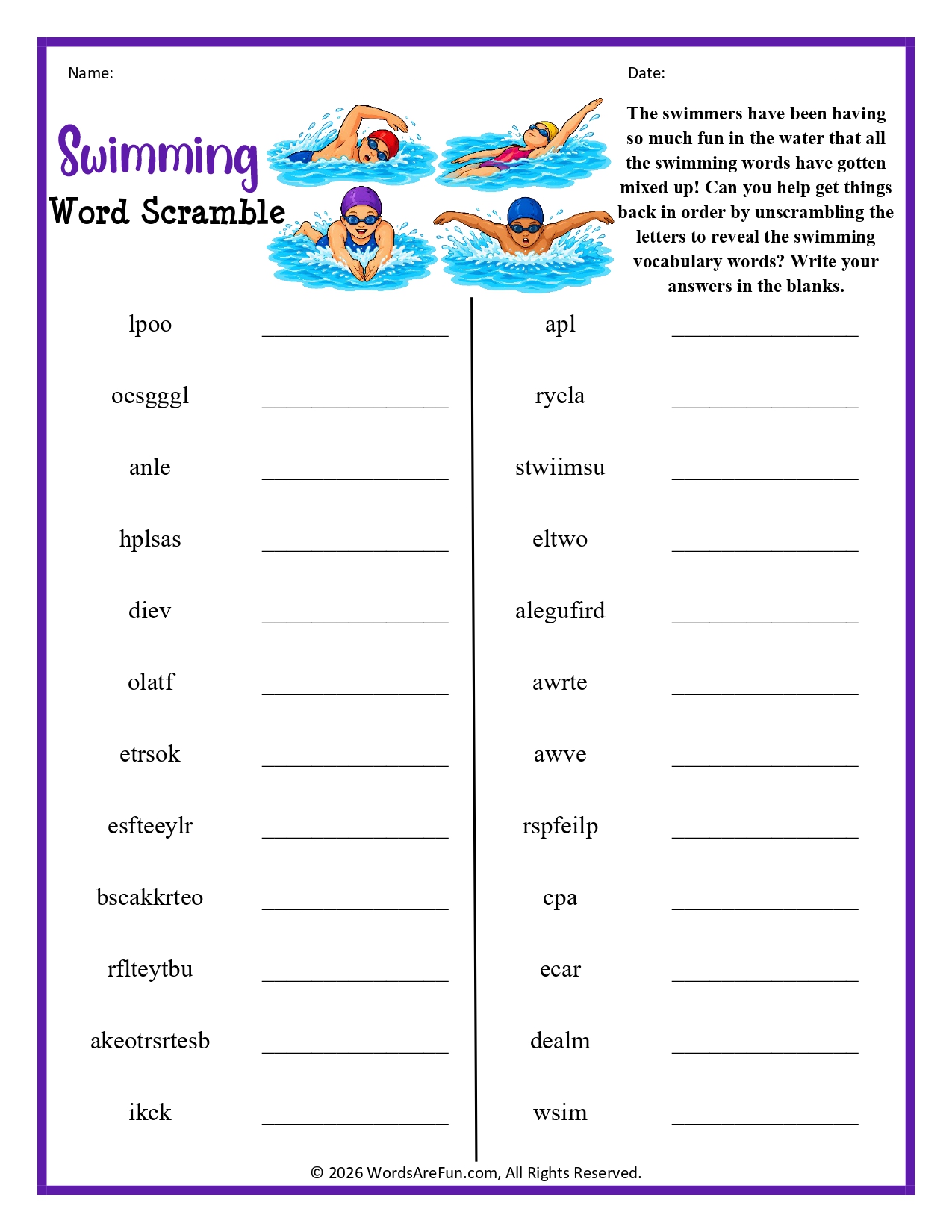 Swimming Word Scramble