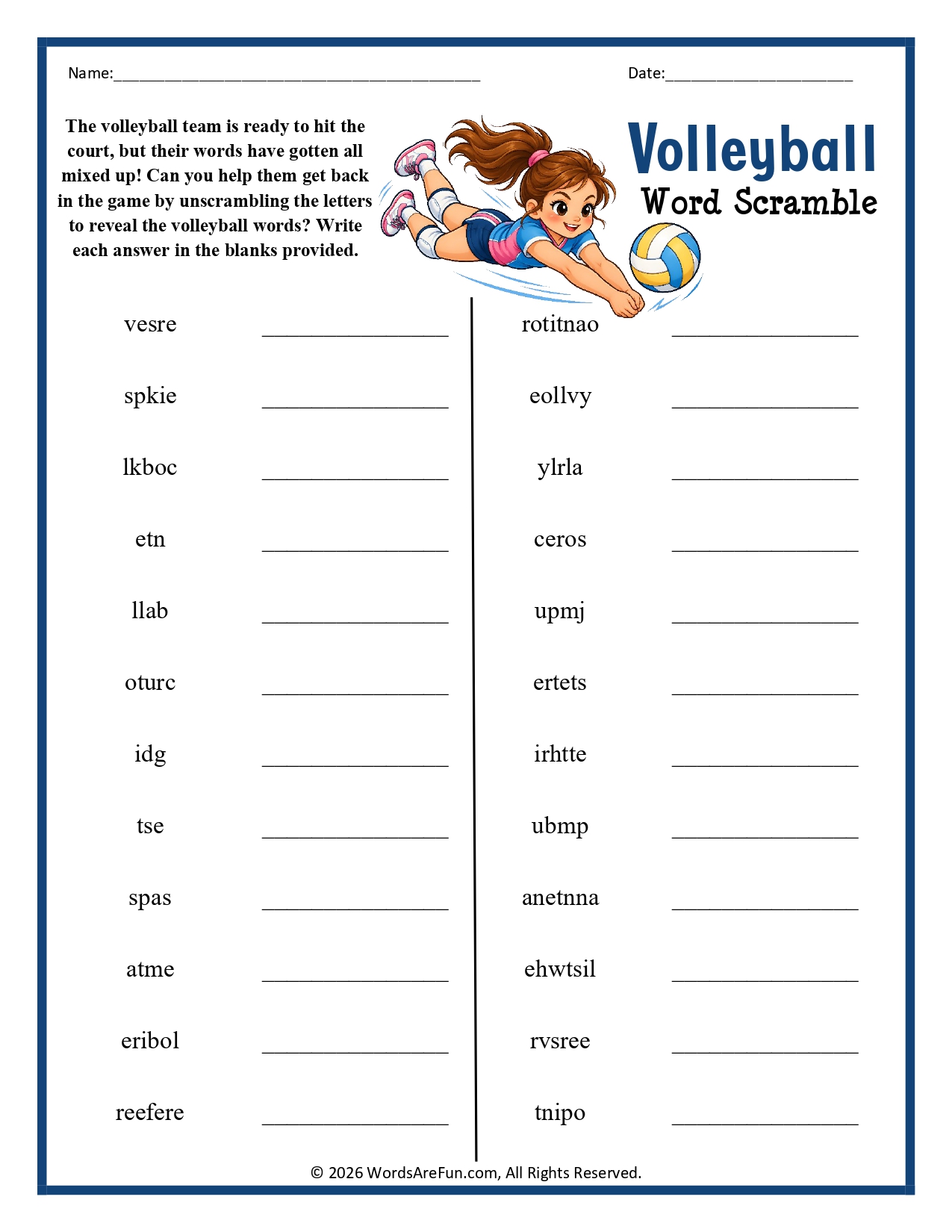 Volleyball Word Scramble
