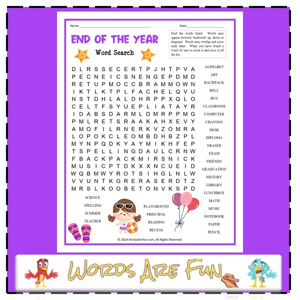 End of the Year Word Search
