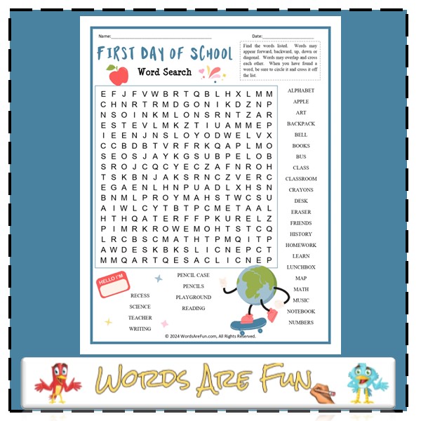 First Day of School Word Search