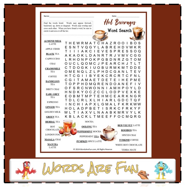 Hot Beverages Word Search