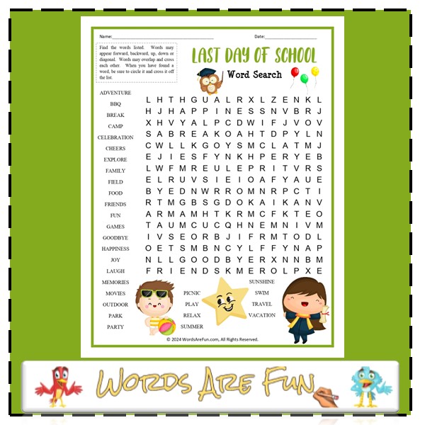 Last Day of School Word Search