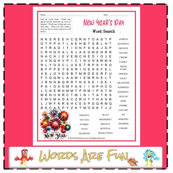 New Year's Day Word Search