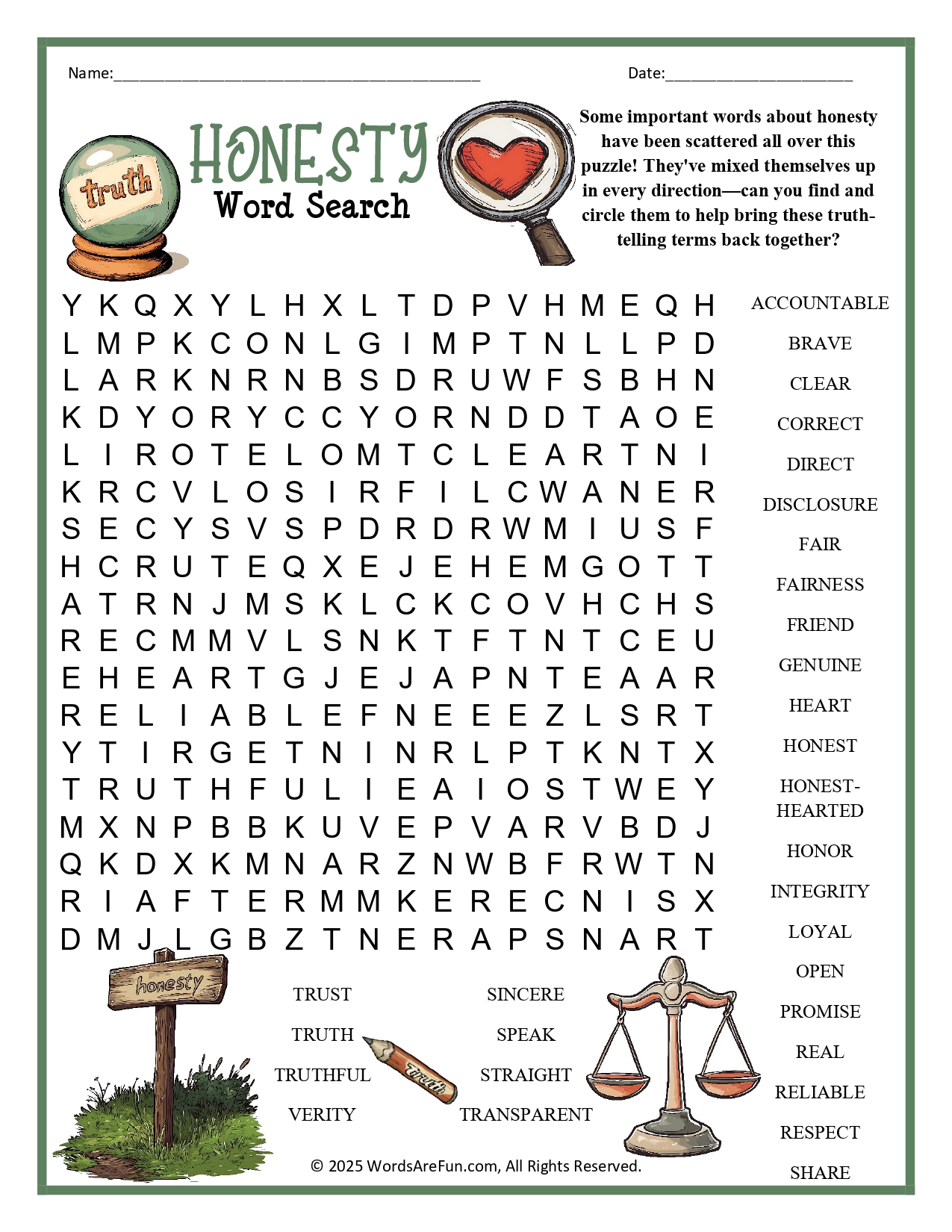 Honesty Word Search for Kids