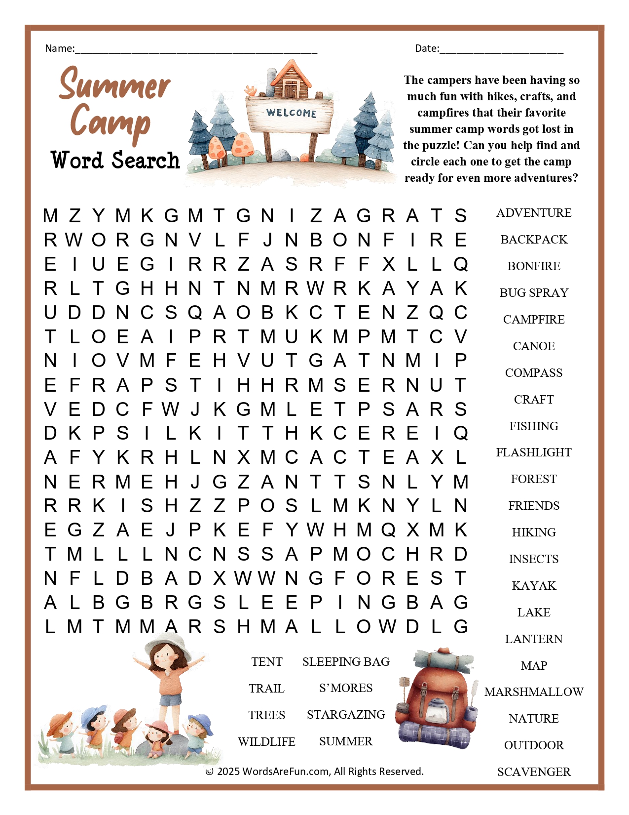 Summer Camp Word Search